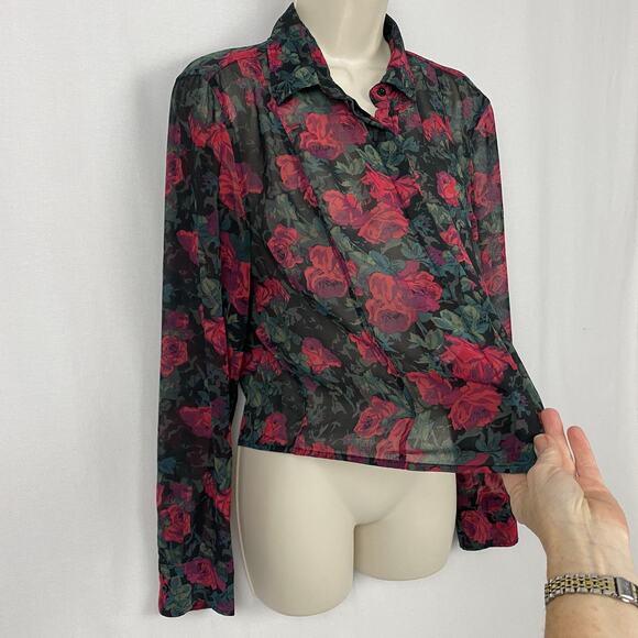 Aeropostale Top Womens Large Black Sheer Dark Floral Whimsigoth Romantic Witchy - Picture 2 of 14